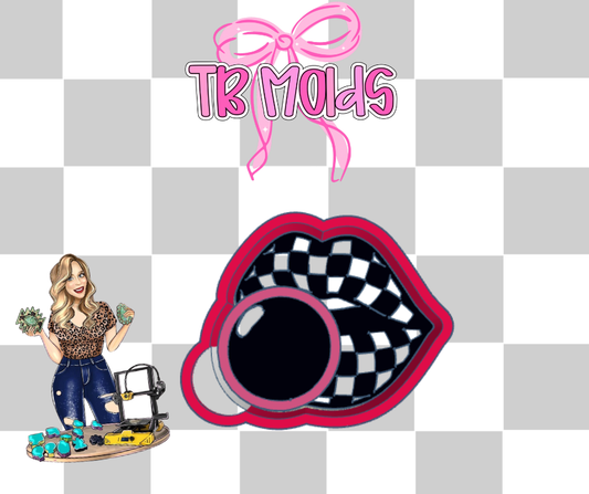 Checkered lips blowing bubblegum